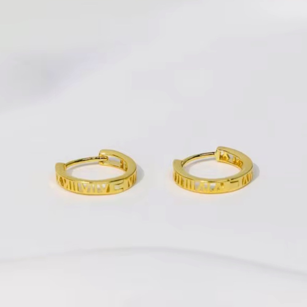 925 sterling Silver Gold Plated Roman Numeral Hoop Earrings - Picture 4 of 5